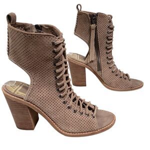 Dolce Vita Boots Womens 6.5 Tan Suede Peep Toe Perforated Block Zip Cutout Lace